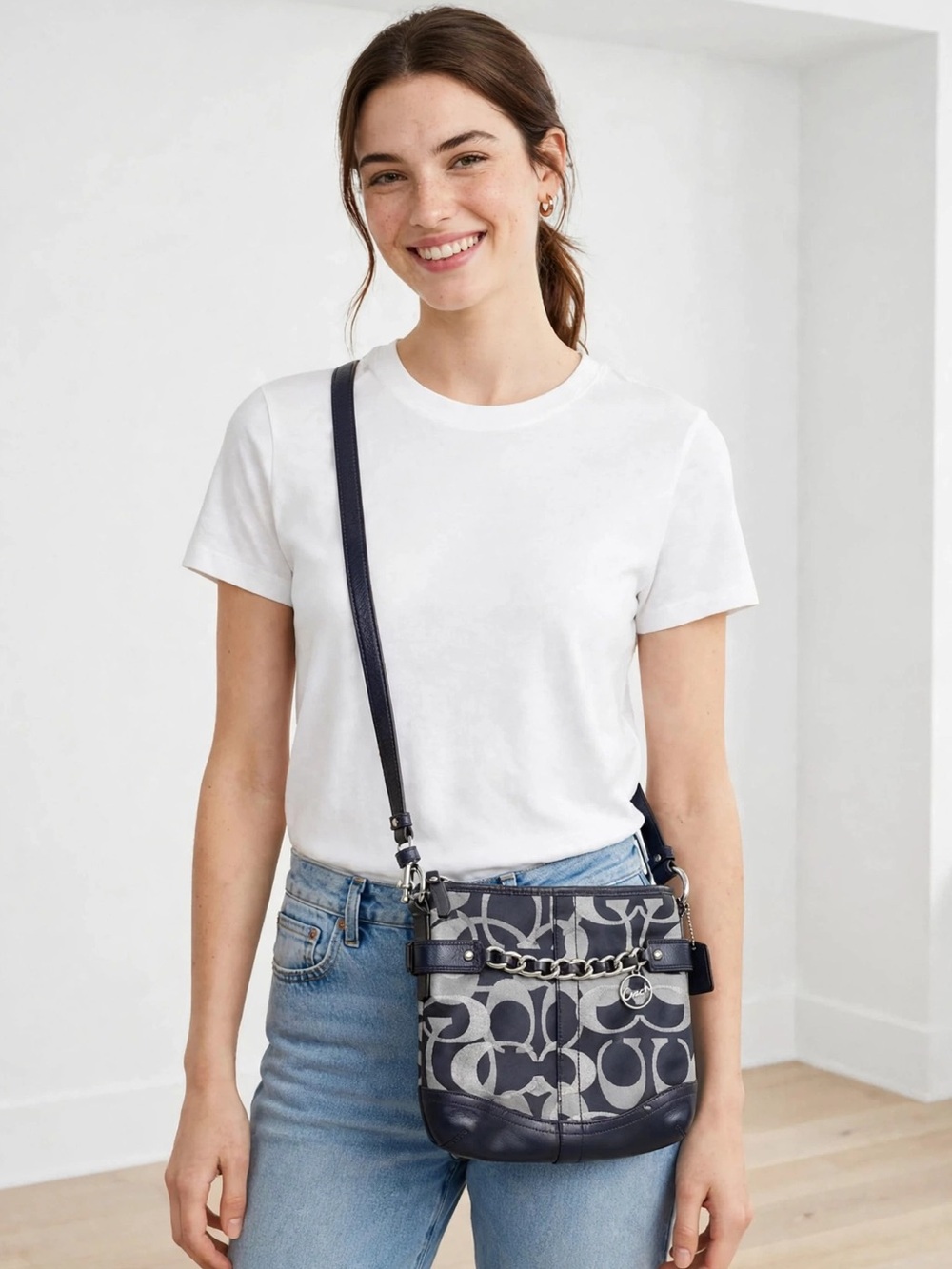 Vintage Coach Navy & Silver Signature Crossbody Bag